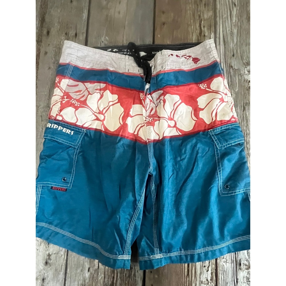 Maui Rippers Mens Board Shorts Blue Red Floral Cargo Swim Trunks Size 36